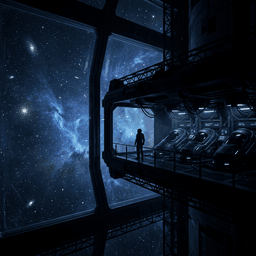 Deep space nebula and hibernation chamber silhouette